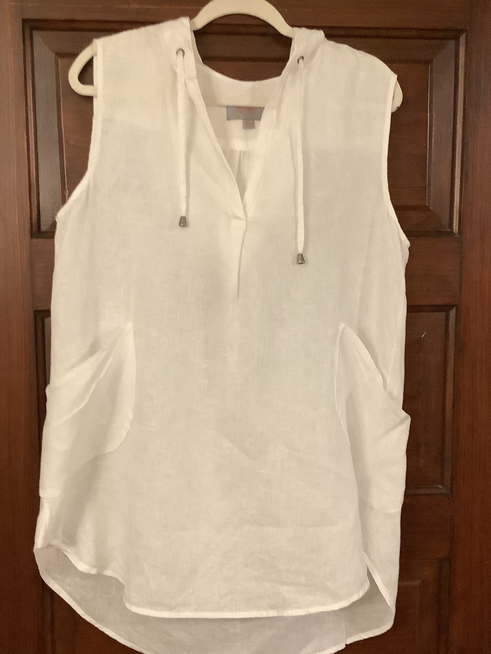 FORCYNTHIA  beachwear White Sleeveless Hooded Linen Tunic with Pockets